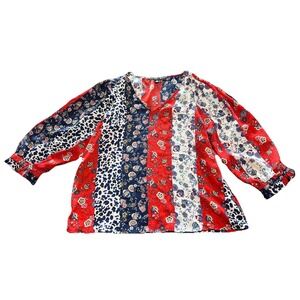 Zac and Rachel Blouse XS Petite Cream Red Floral Boho Peasant Tunic 3/4 Sleeve